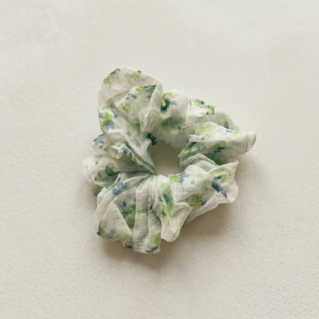 Floral Organza Hair Scrunchie - Green