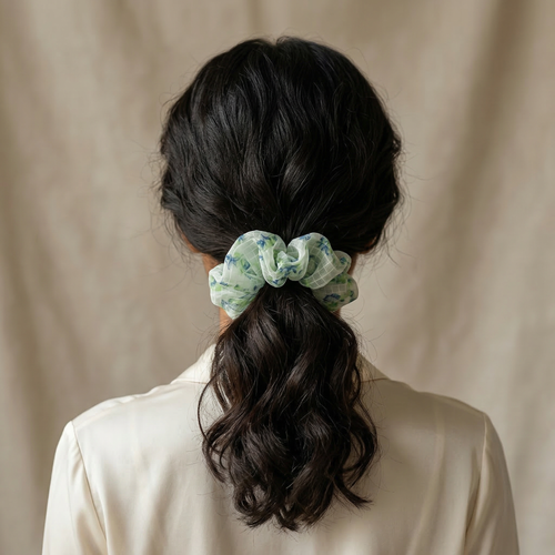Floral Organza Hair Scrunchie - Green