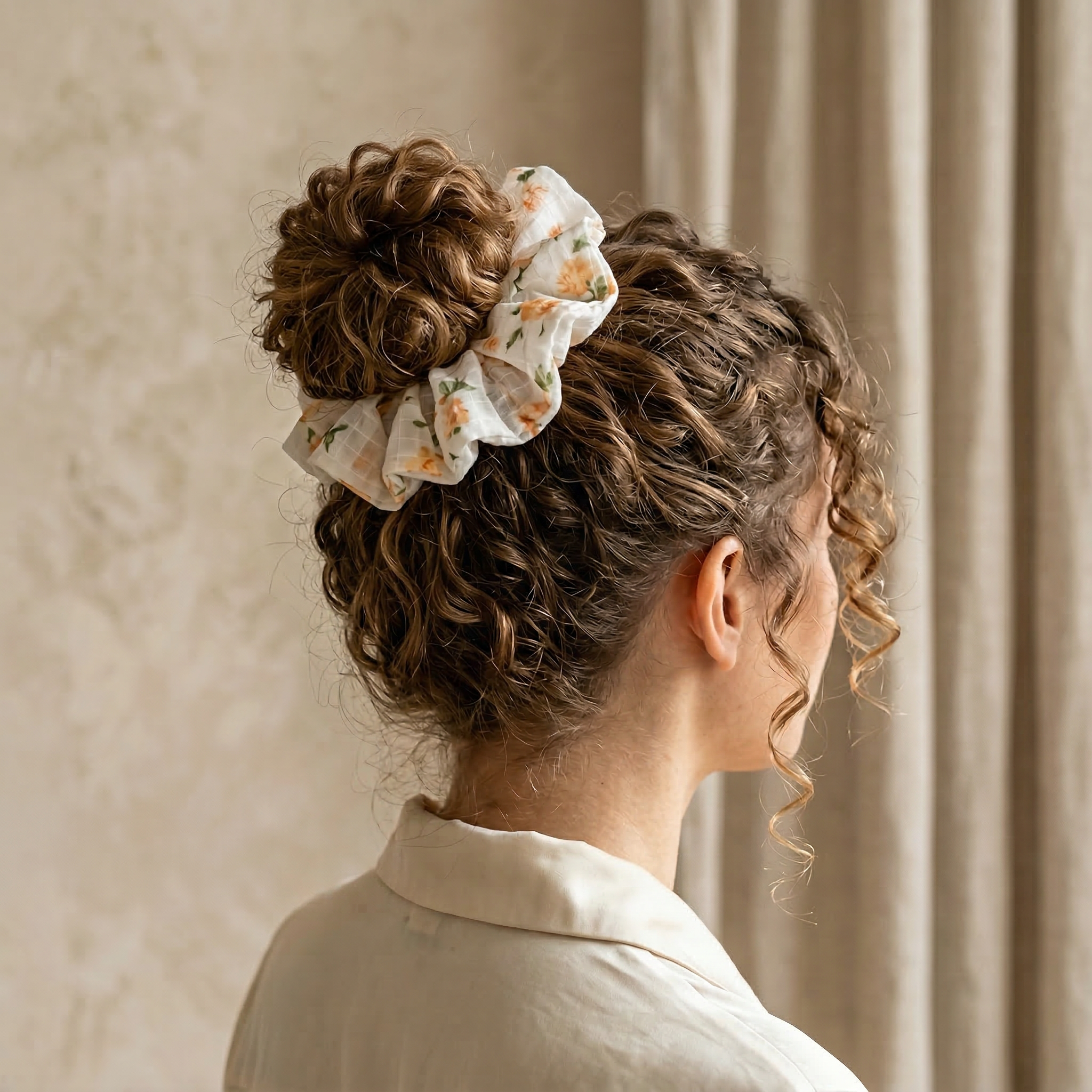 Floral Organza Hair Scrunchie - Orange