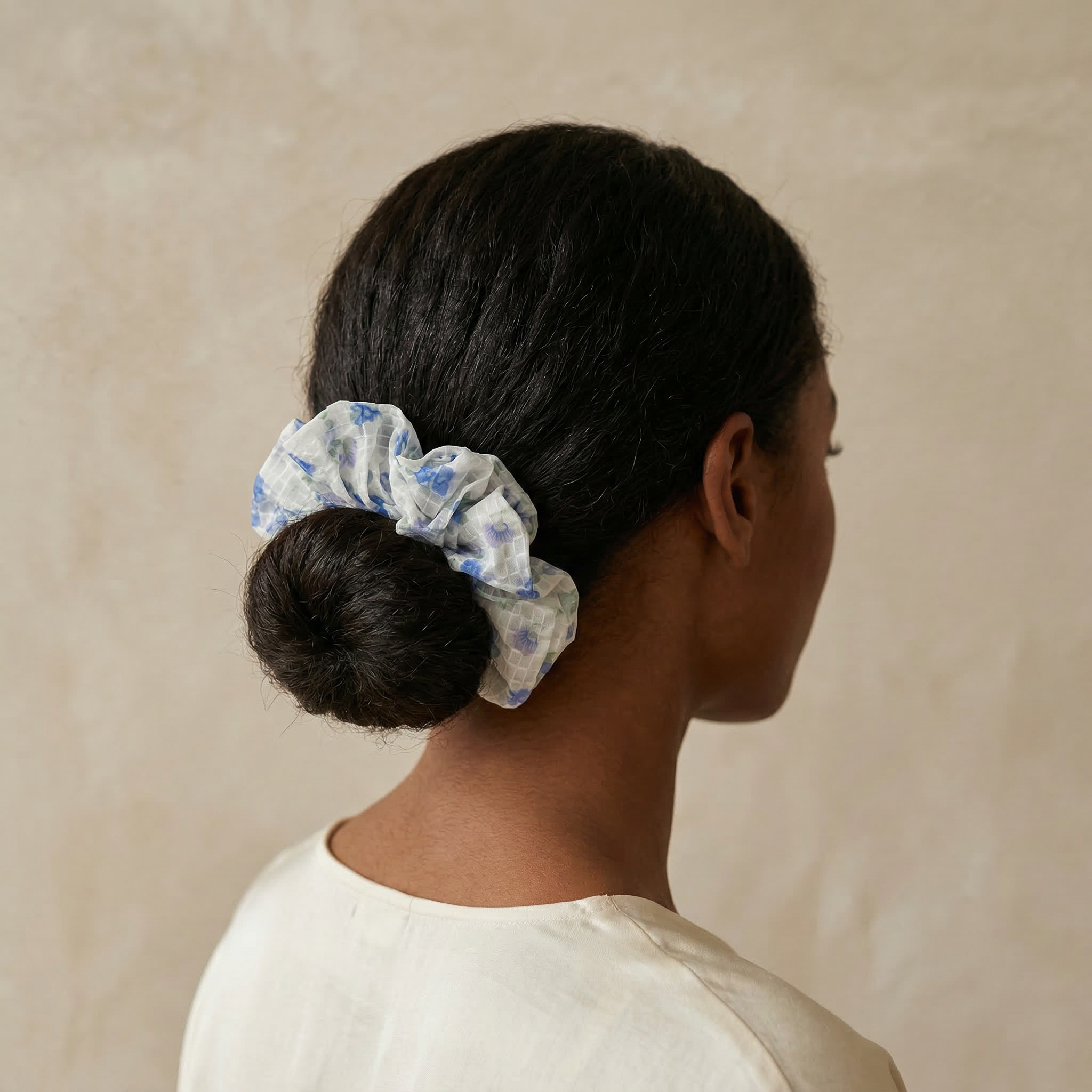 Floral Organza Hair Scrunchie - Blue