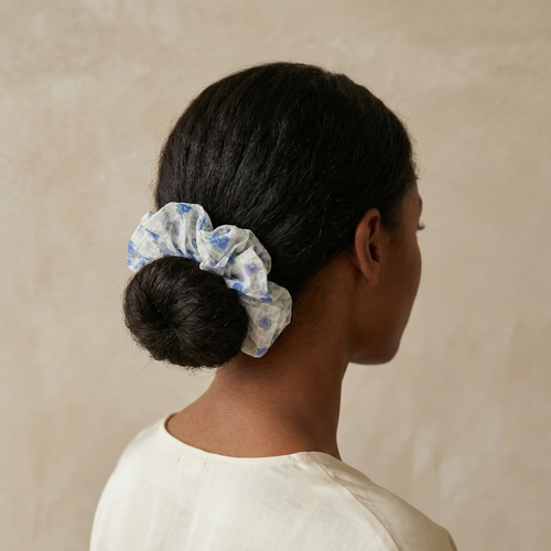 Floral Organza Hair Scrunchie - Blue