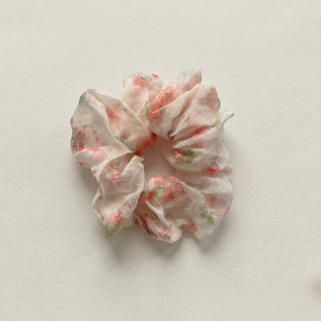 Floral Organza Hair Scrunchie - Pink