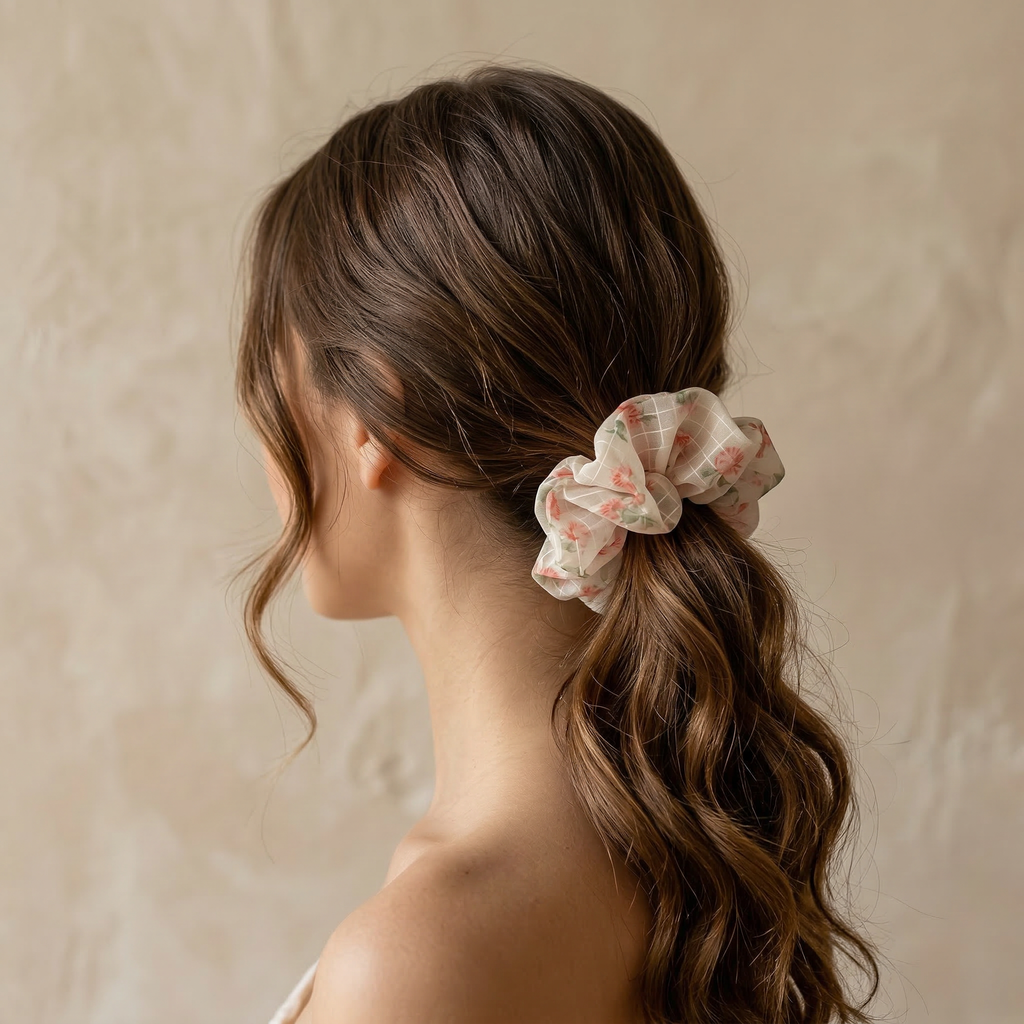 Floral Organza Hair Scrunchie - Pink